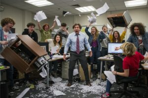 Líder frustrado com equipe jovem da Geração Z em reunião de trabalho